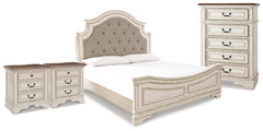Realyn King Upholstered Panel Bed, Chest & 2 Nightstands