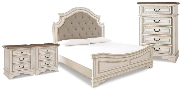Realyn King Upholstered Panel Bed, Chest & 2 Nightstands