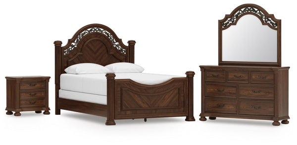 Lavinton Queen Poster Bed, Dresser, Mirror & Nightstand Brown