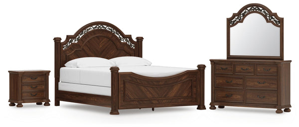 Lavinton King Poster Bed, Dresser, Mirror & Nightstand Brown