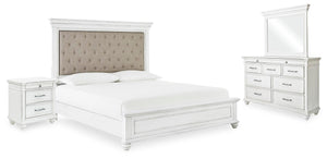 Kanwyn Queen Upholstered Panel Bed, Dresser, Mirror, & Nightstand Whitewash