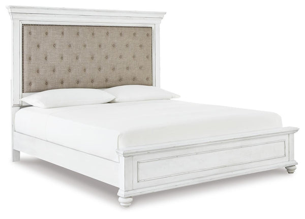 Kanwyn King Upholstered Panel Bed, Dresser, Mirror & Chest Whitewash