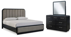 Rowanbeck King Upholstered Panel Bed, Dresser & Mirror Black