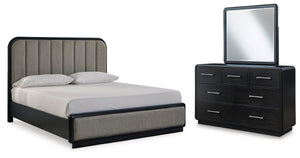 Rowanbeck King Upholstered Panel Bed, Dresser & Mirror Black