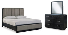 Rowanbeck California King Upholstered Panel Bed, Dresser & Mirror Black