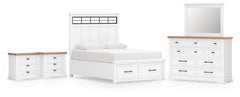 Ashbryn Queen Panel Storage Bed, Dresser, Mirror & 2 Nightstands White/Natural