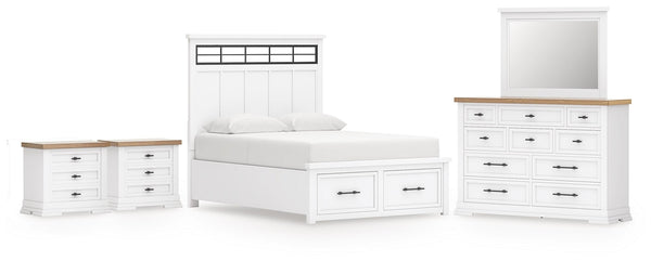 Ashbryn Queen Panel Storage Bed, Dresser, Mirror & 2 Nightstands White/Natural