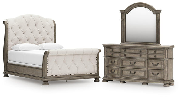 Ardenfield Queen Upholstered Sleigh Bed, Dresser & Mirror