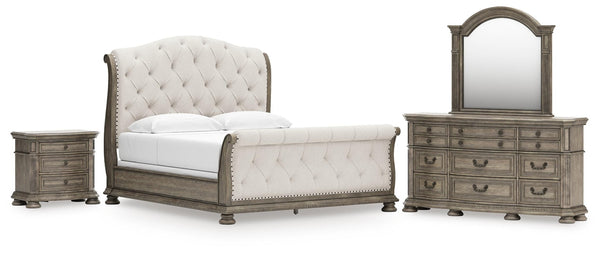 Ardenfield King Sleigh Bed, Dresser, Mirror & Nightstand Light Brown