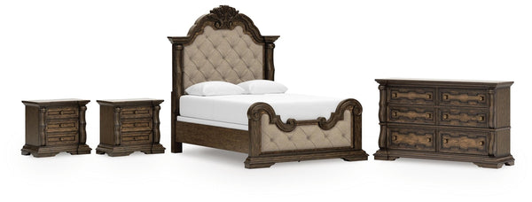 Maylee Queen Upholstered Panel Bed, Dresser & 2 Nightstands
