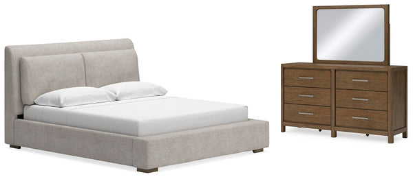 Cabalynn California King Upholstered Bed, Dresser & Mirror Light Brown