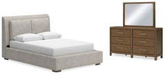 Cabalynn Queen Upholstered Bed, Dresser & Mirror Light Brown