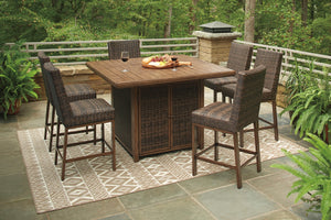 Paradise Trail Outdoor Bar Fire Pit Table with 6 Barstools Medium Brown