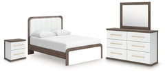 Kendanport Queen Upholstered Bed, Dresser, Mirror & Nightstand White/Brown