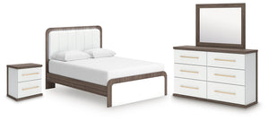 Kendanport Queen Upholstered Bed, Dresser, Mirror & Nightstand White/Brown