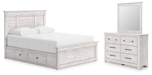 Makidern Queen Panel Bed with Storage, Dresser & Mirror Whitewash