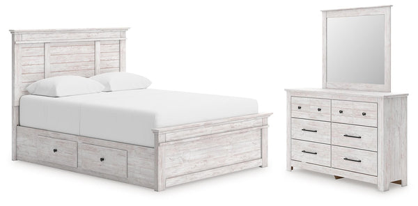 Makidern Queen Panel Bed with Storage, Dresser & Mirror Whitewash