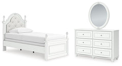 Kozlani Twin Upholstered Panel Bed, Dresser & Mirror
