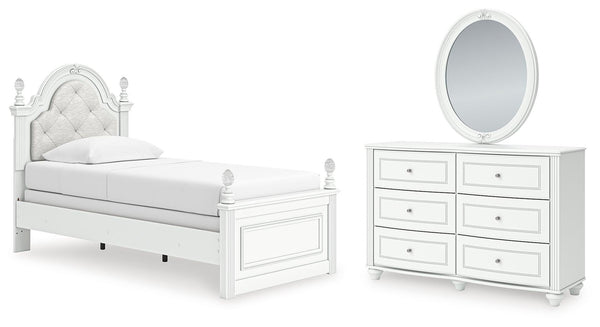 Kozlani Twin Upholstered Panel Bed, Dresser & Mirror