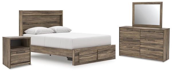 Elbrim Queen Panel Storage Bed, Dresser, Mirror & Nightstand Brown