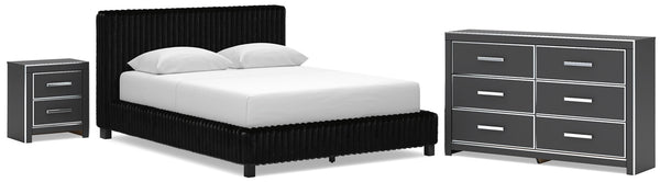 Zuraleus Queen Upholstered Bed, Dresser & Nightstand Black