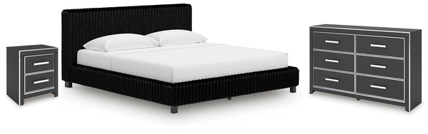 Zuraleus King Upholstered Bed, Dresser & Nightstand Black