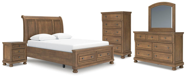 Feddinger Queen Sleigh Bed, Dresser, Mirror, Chest & Nightstand Medium Brown