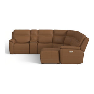 Flexsteel Sawyer Harvest Brown Leather Power Reclining Chaise Sectional with Power Headrests & Lumbar