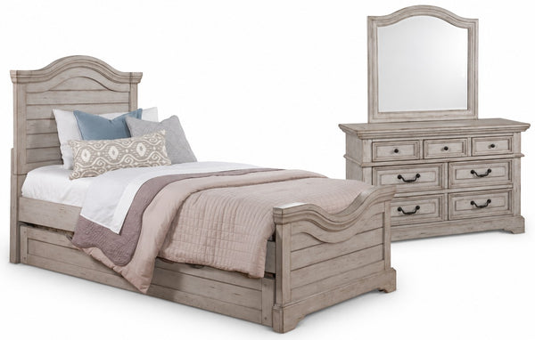 American Woodcrafters Complete Twin Bedroom Set Bed, Dresser & Mirror Light Distressed Antique Gray Stonebrook