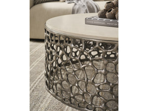 Universal Furniture Coastal Living Oasis Coral Quartz Top Cocktail Table in Antique Nickel