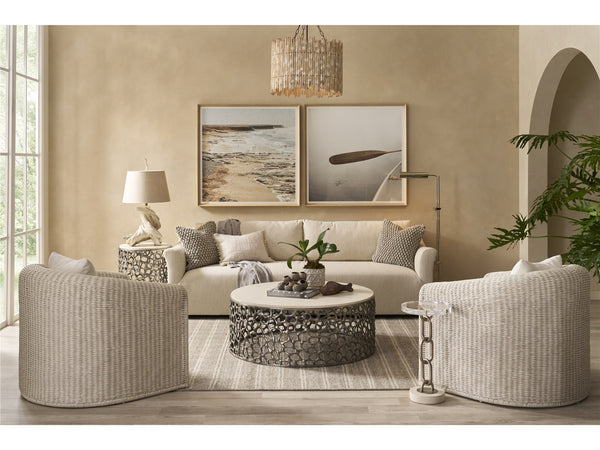Universal Furniture Coastal Living Oasis Coral Quartz Top Cocktail Table in Antique Nickel
