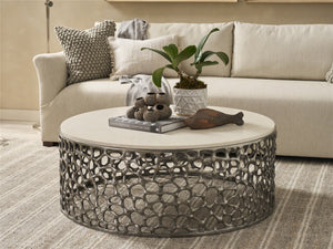 Universal Furniture Coastal Living Oasis Coral Quartz Top Cocktail Table in Antique Nickel