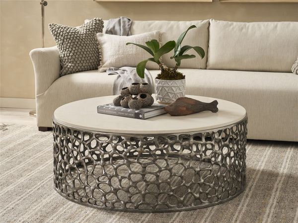 Universal Furniture Coastal Living Oasis Coral Quartz Top Cocktail Table in Antique Nickel