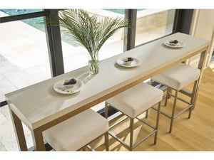Universal Furniture Coastal Living Oasis Quartz Top Console Table & Stools Set in Nomad Snow & Nickel