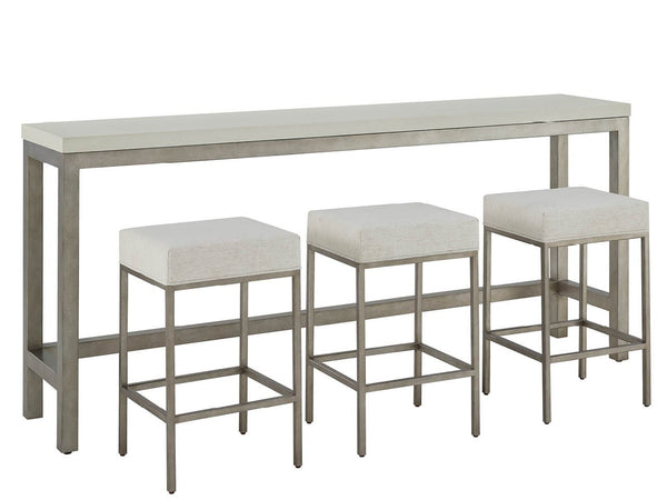 Universal Furniture Coastal Living Oasis Quartz Top Console Table & Stools Set in Nomad Snow & Nickel