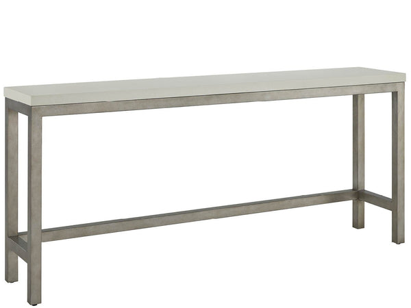 Universal Furniture Coastal Living Oasis Quartz Top Console Table & Stools Set in Nomad Snow & Nickel