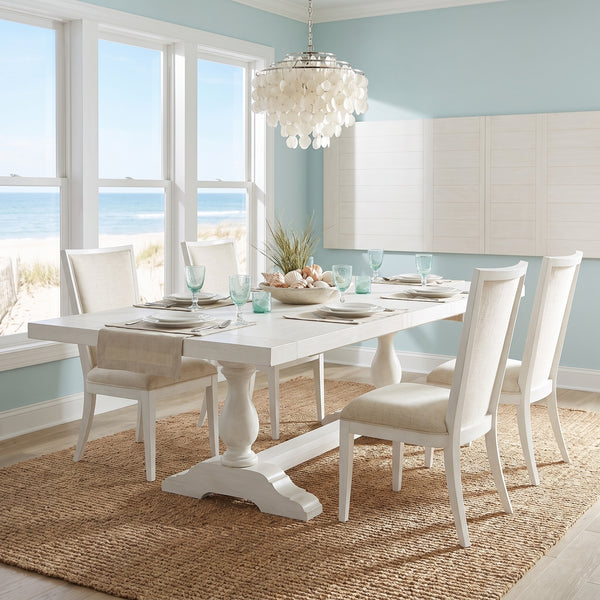 Ocean Breeze by Tommy Bahama Home White Coastal Rectangular Dining Table with 4 Upholstered Chairs