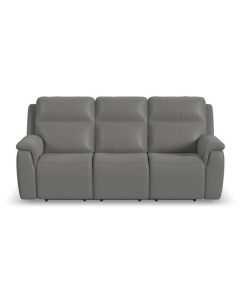 Flexsteel Sawyer Grey Leather Power Reclining Sofa with Power & Lumbar