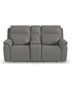 Flexsteel Sawyer Grey Power Leather Reclining Console Loveseat with Power Headrests & Lumbar