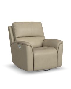 Flexsteel Henry Beige Leather Triple Power Swivel Glider Recliner with Heat + Massage