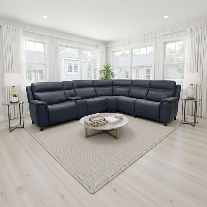 Flexsteel Sawyer Power Marine Blue Leather Sectional | Hudson's