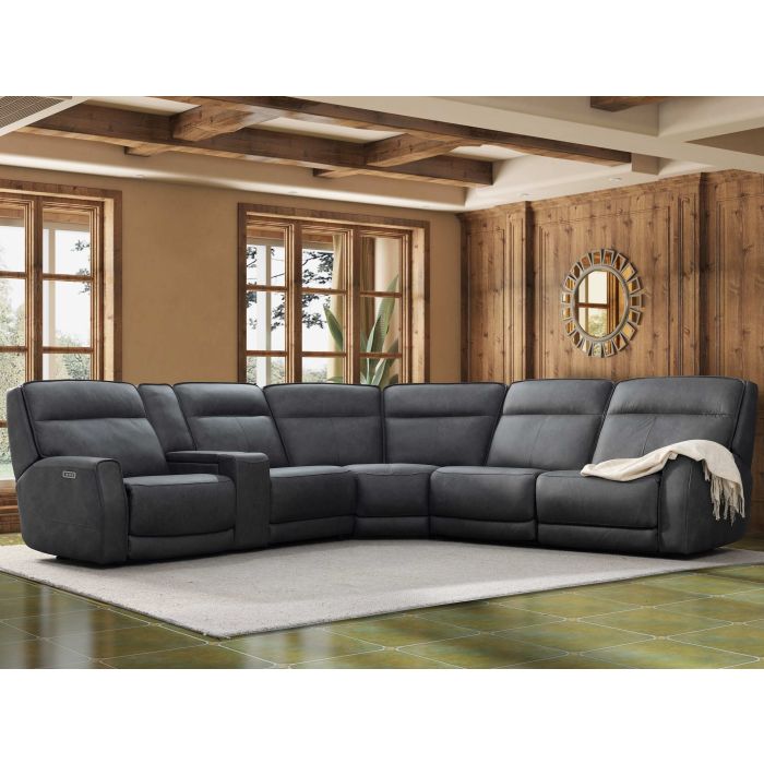 Hudsons Furniture Leather Sterling Maestro Charcoal 6Piece Sectional